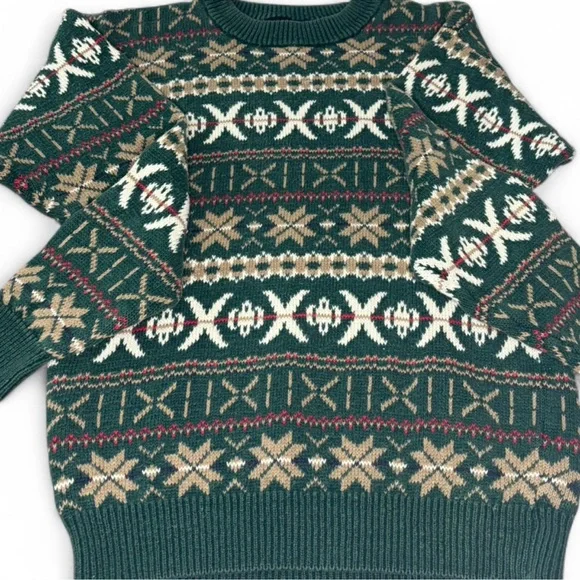 Vintage 80s/90s Fair Isle Nordic Sweater Green Beige Red Knit M/L - Picture 2 of 5